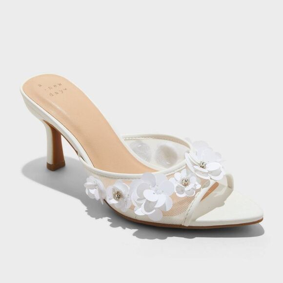Open Box - A New Day - Women's Lupita Mesh Rhinestone Peep Toe Mule Heels White - Picture 1 of 4